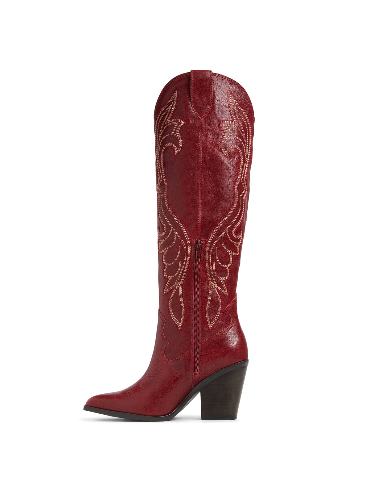 Red Pointed-Toe Embroidery Classic Half-Zip Knee High Cowgirl Boots