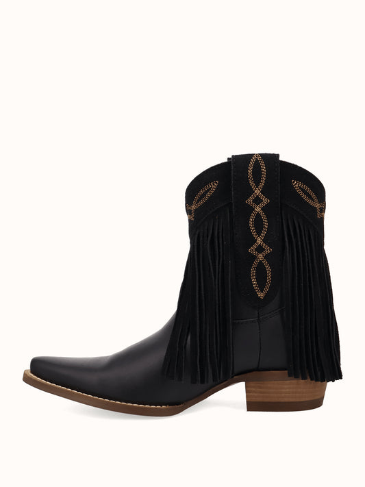 Black Snip-Toe Faux Suede Fringe Chic Ankle Cowgirl Boots