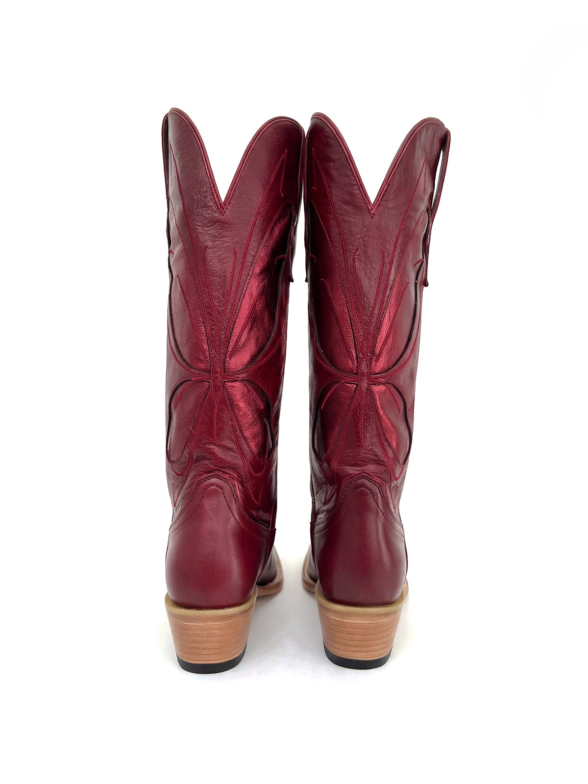 Red Snip-Toe Metallic Butterfly Inlay Wide Calf Knee High Cowgirl Boots