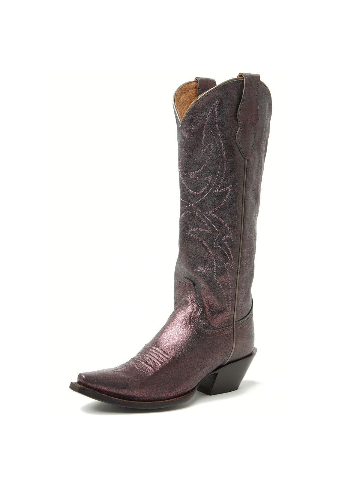 Metallic Pewter Snip-Toe Embroidery Wide Calf Knee High Cowgirl Boots