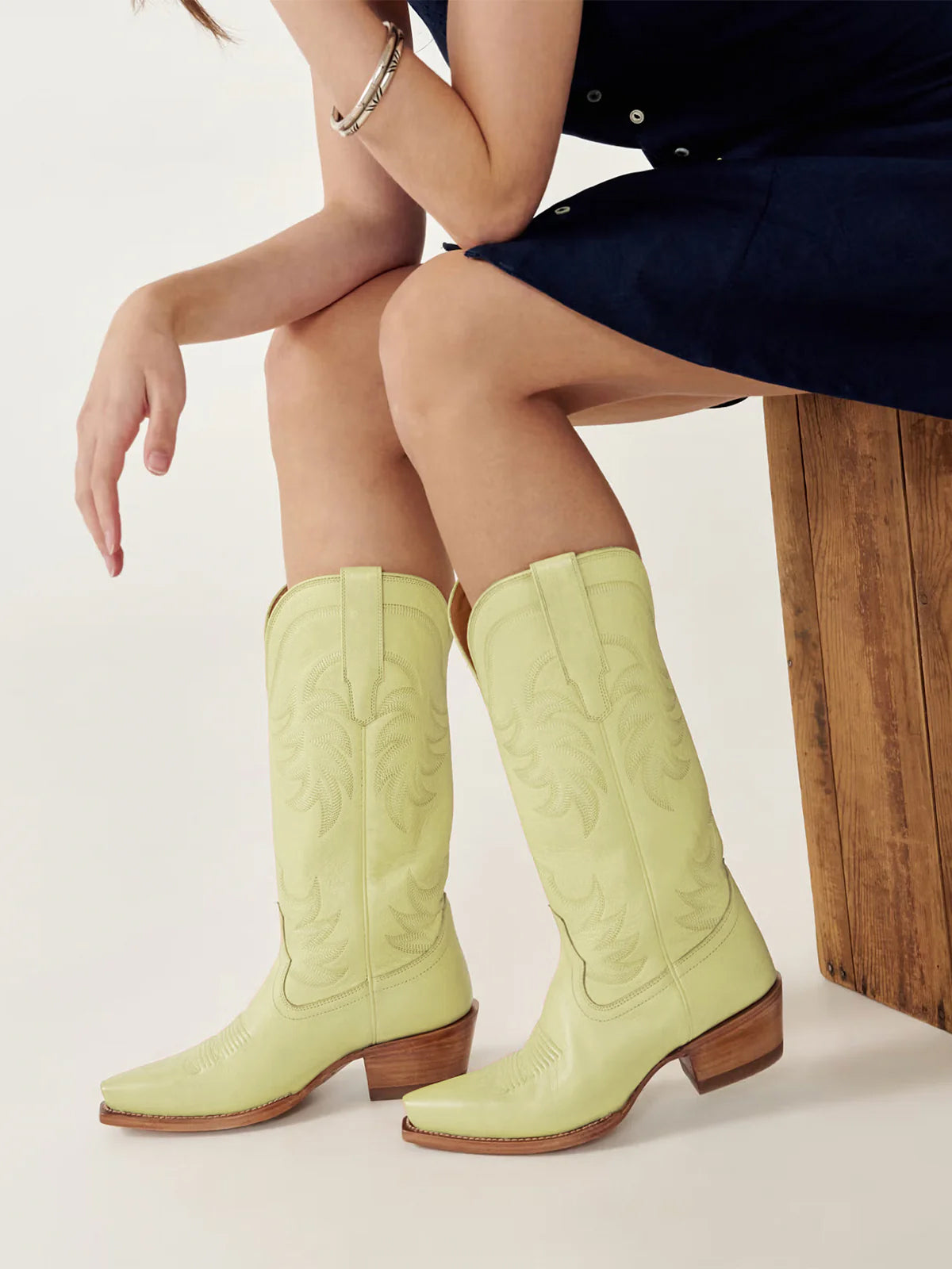 Lemon Green Snip-Toe Embroidery Wide Calf Knee High Cowgirl Boots