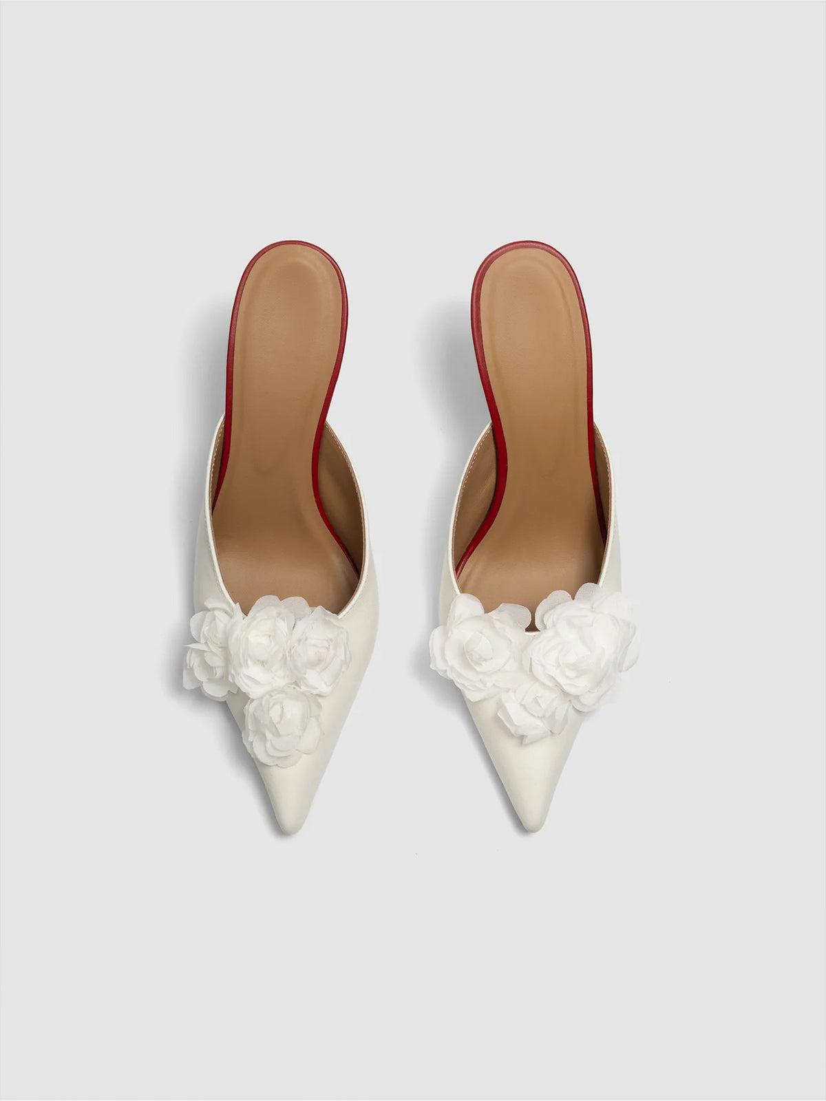 Ivory Pointed-Toe Front Floral Detail Backless Chic High Heels