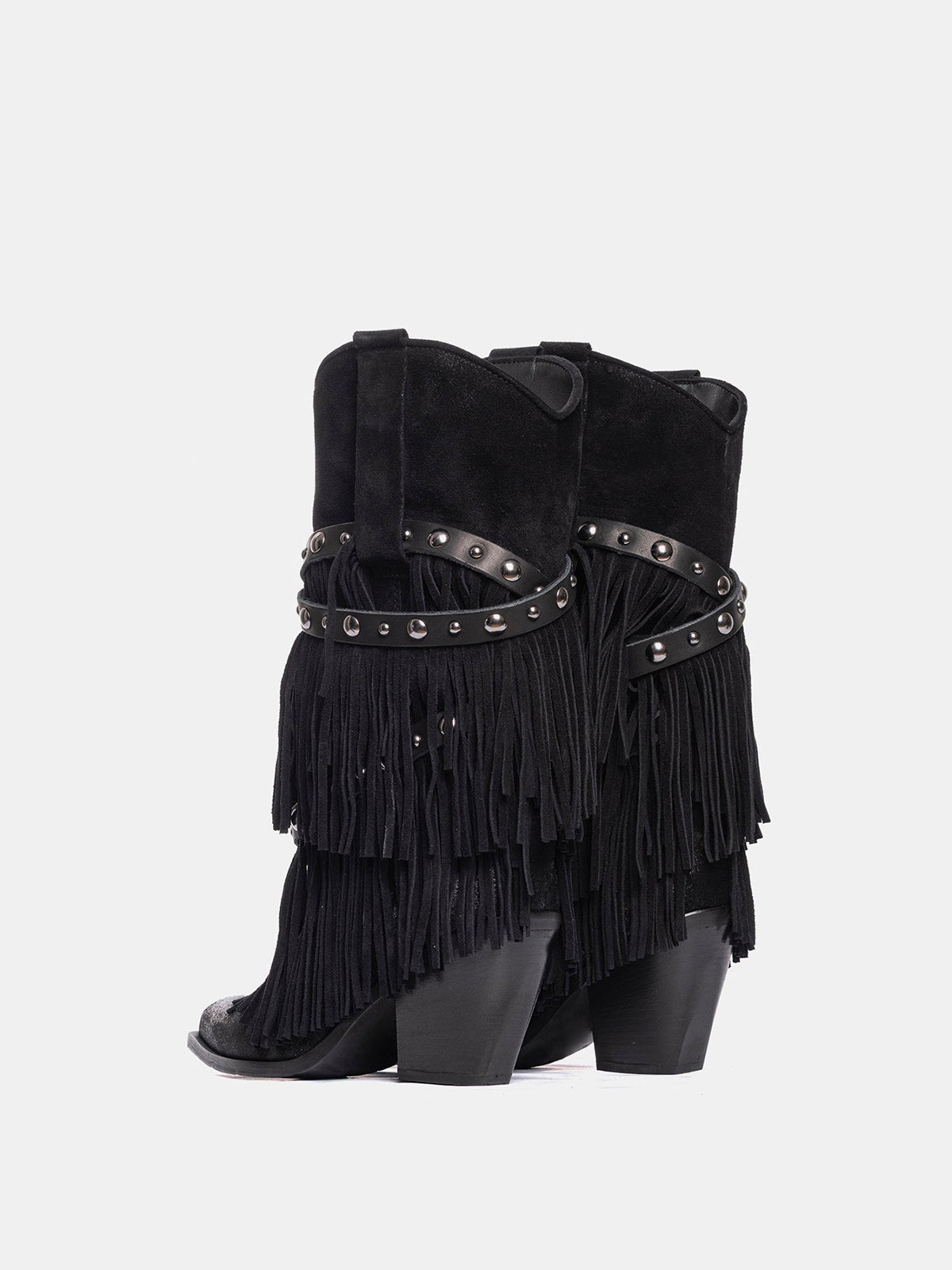 Black Faux Suede Snip-Toe Studded Straps Fringe Mid Calf Cowgirl Boots