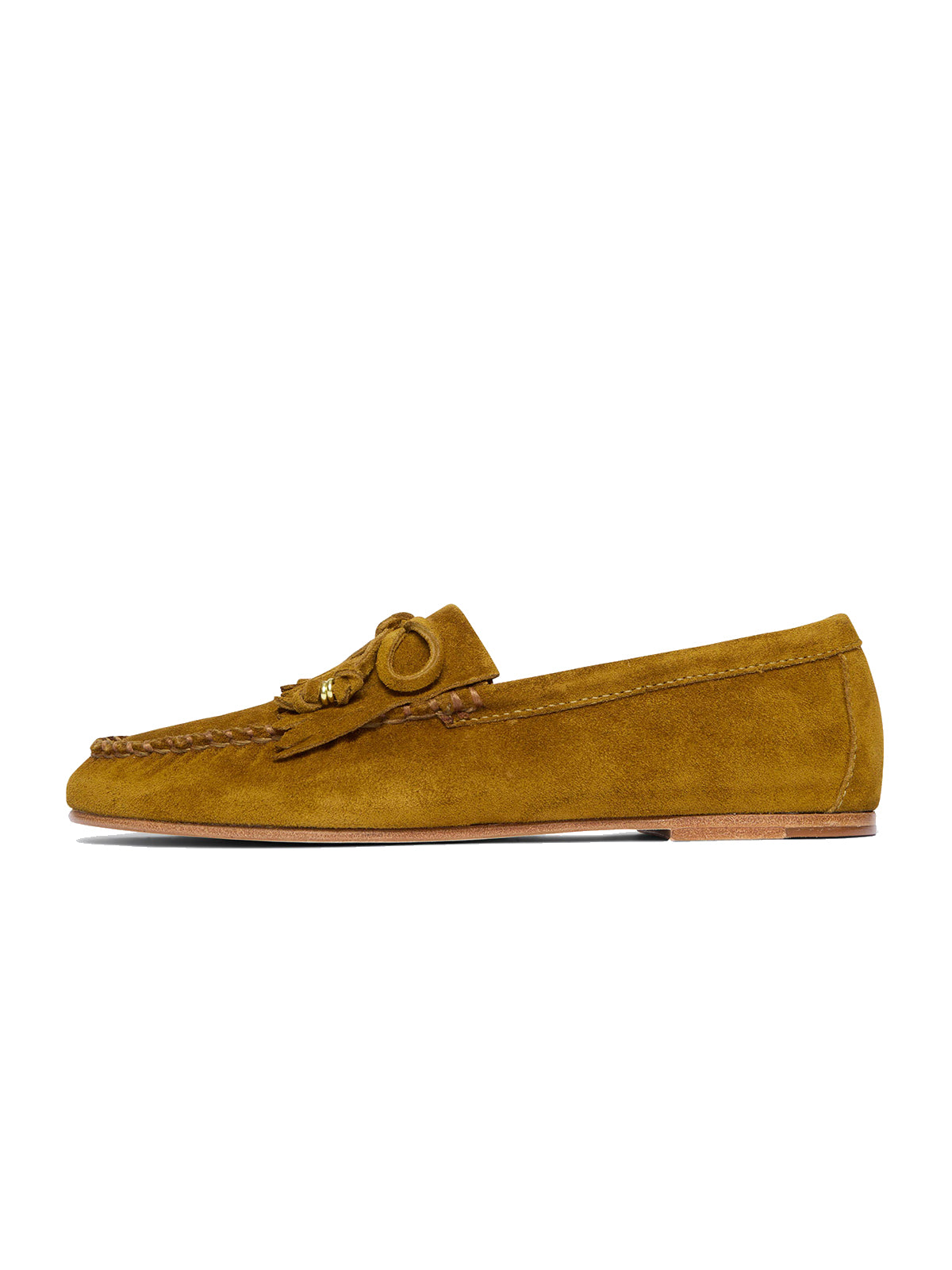 Caramel Cow Suede Round-Toe Front Bow And Fringe Flats
