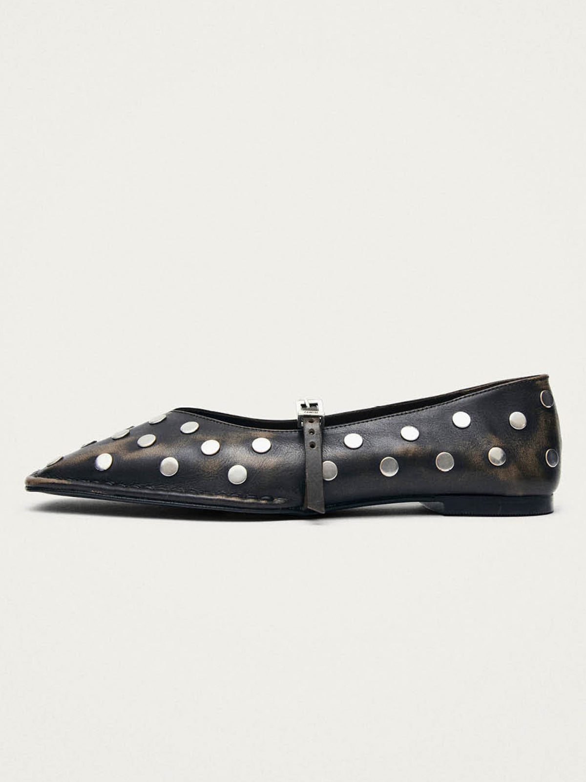 Dark Brown Square-Toe Middle Strap Simple Studs Ballet Flats