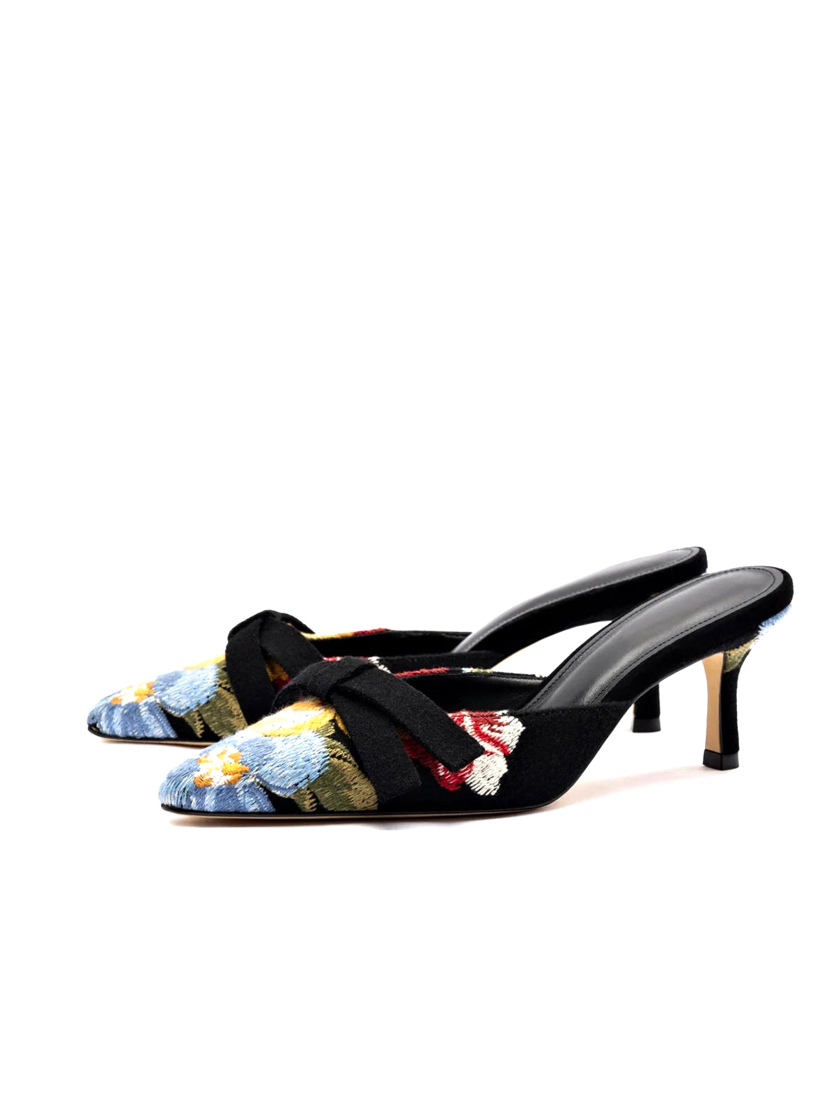 Black Faux Suede Pointed-Toe Big Flower Embroidery Front Bow High Heels