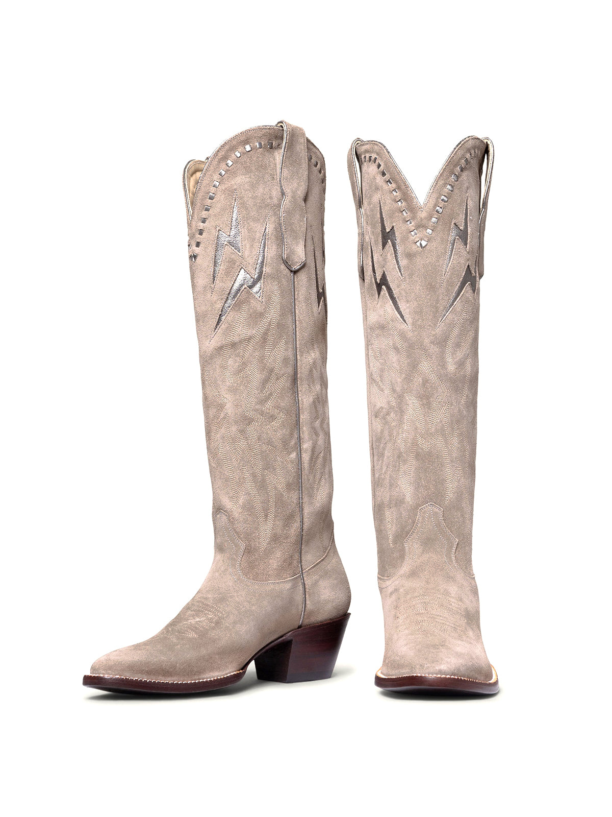 Silver Lightning Inlay Stitch Embroidery Almond-Toe Wide Calf Knee High Cowgirl Boots - Gray