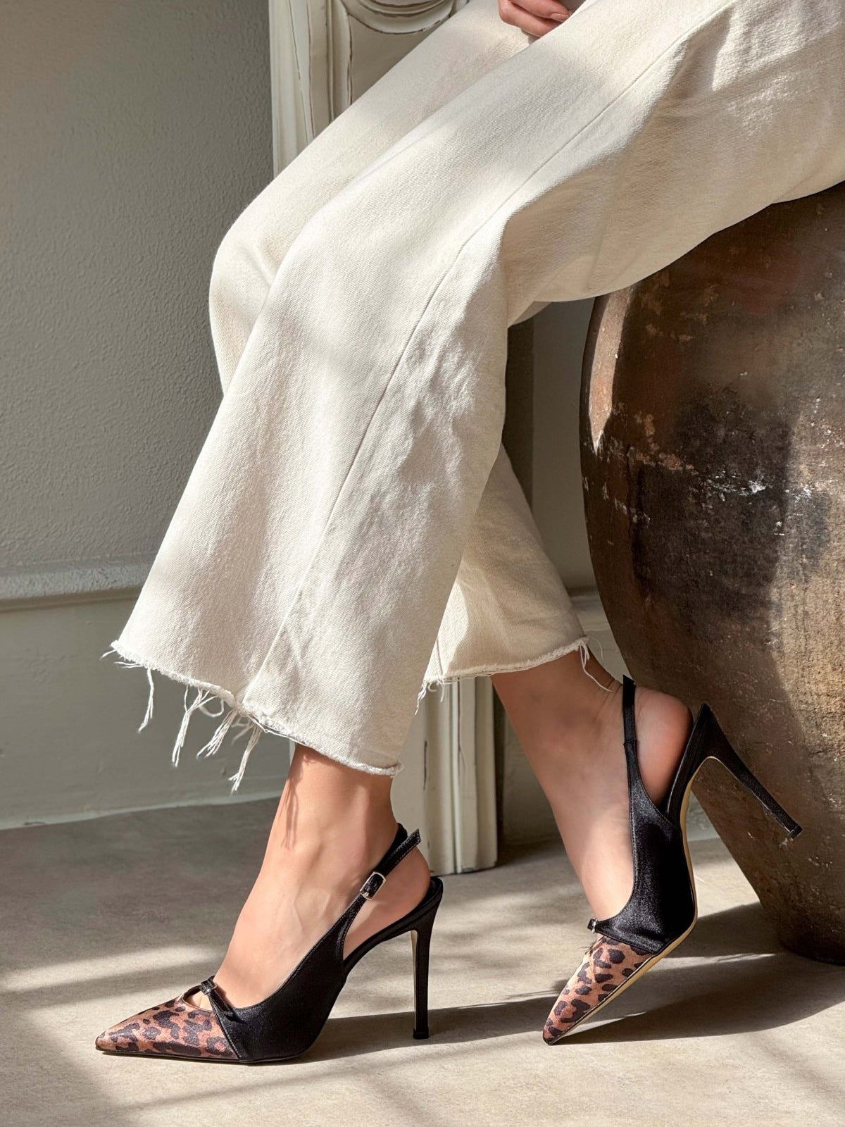 Contrast Black And Leopard Satin Pointed-Toe Slingback High Heels