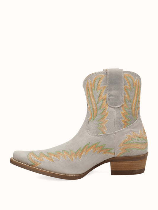 Bone Snip-Toe Chic Flame Embroidery Sleek Ankle Cowgirl Boots