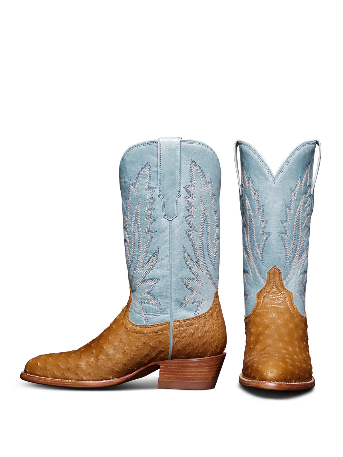 Contrast Blue And Tan Ostrich Print Almond-Toe Embroidery Mid Calf Cowgirl Boots