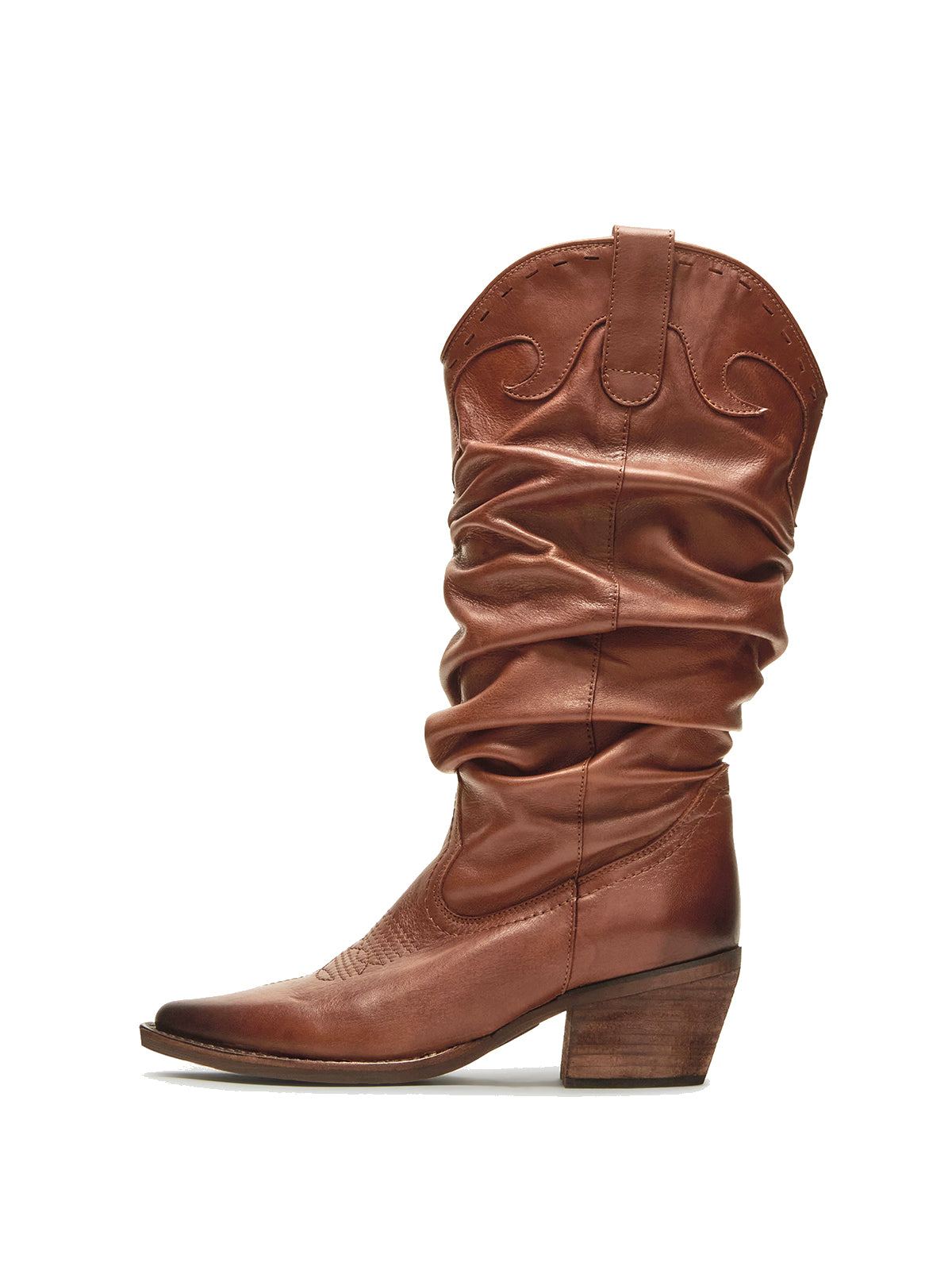 Cognac Snip-Toe Slouchy Mid Calf Cowgirl Boots