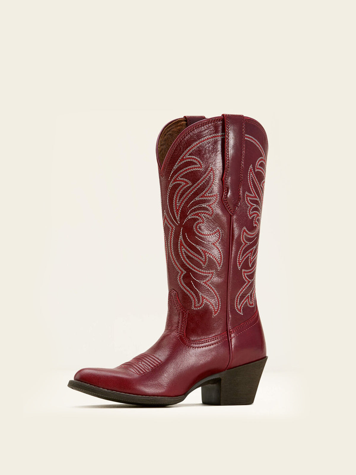Mid Calf Almond-Toe Embroidery Cowgirl Boots - Burgundy