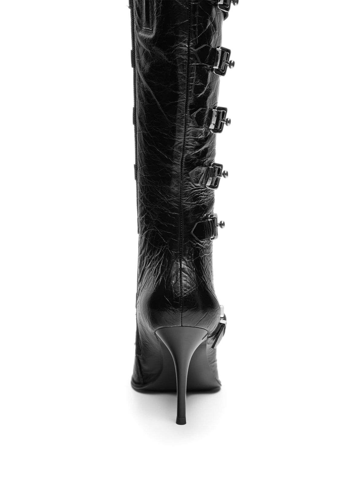 Distressed Black Pointed-Toe Lace-Up Full-Zip Knee High Stiletto Boots With Buckles