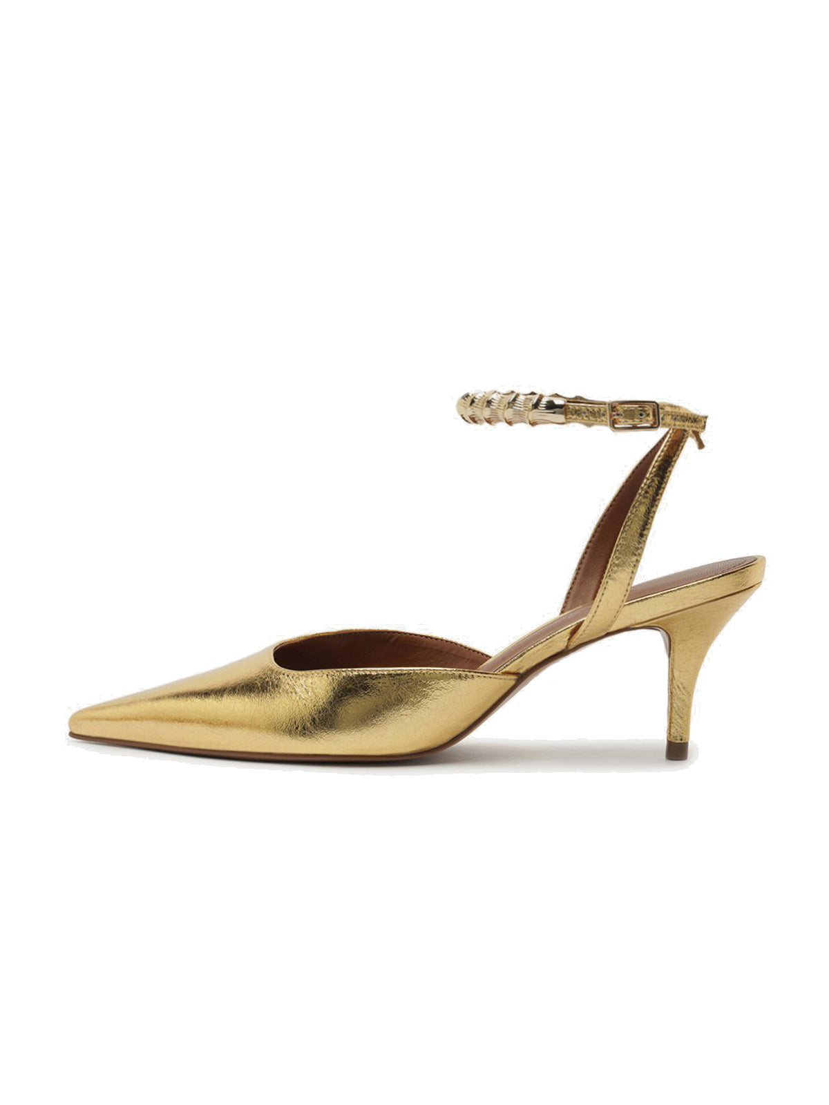 Metallic Gold Pointed-Toe Chic Slingback And Buckle Ankle Strap Kitten Heels