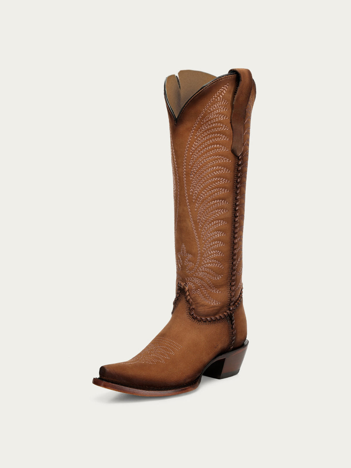 Dark Honey Snip-Toe Embroidery Side Woven Detail Full-Zip Knee High Cowgirl Boots