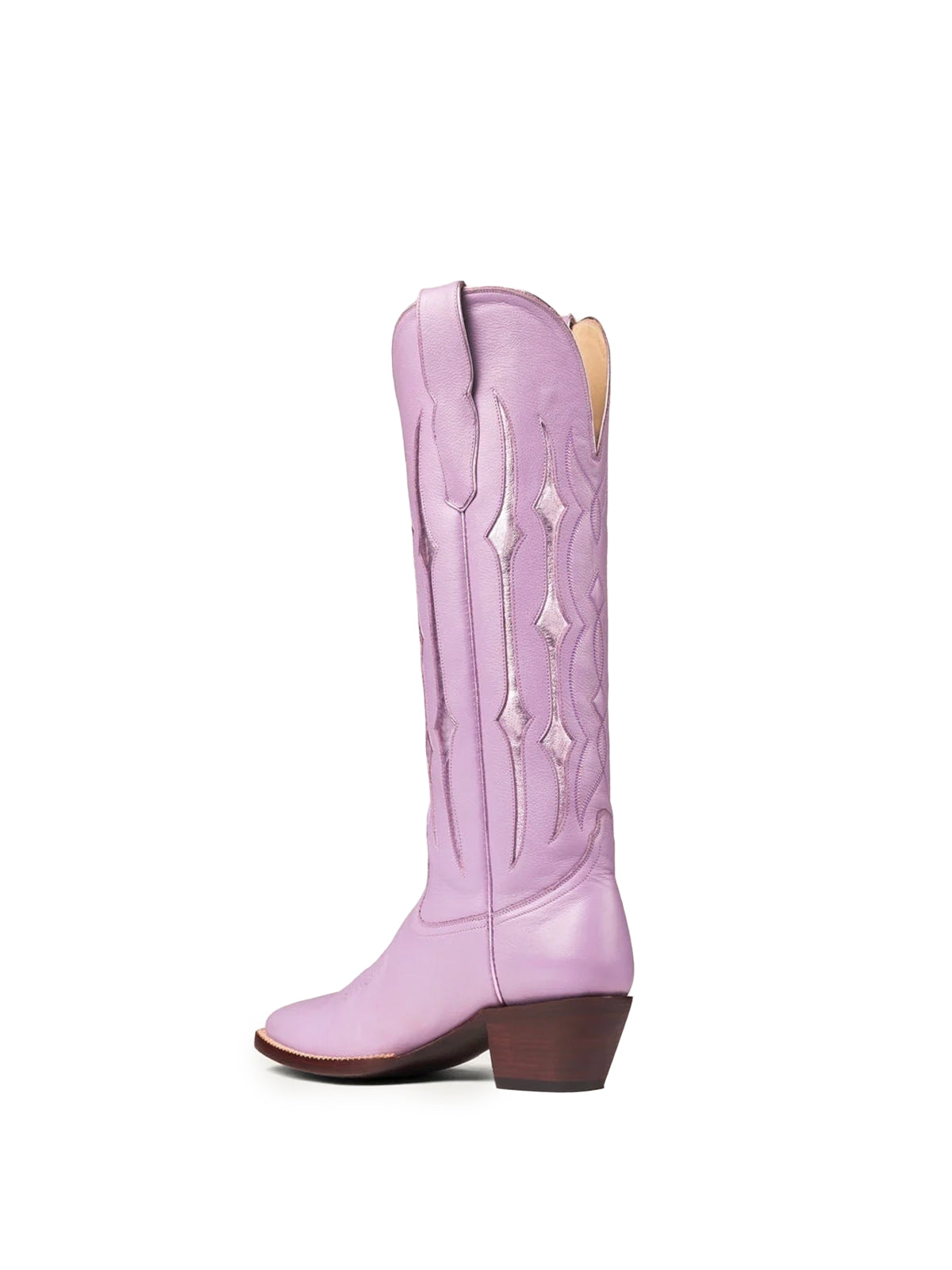 Lavender Contrast Metallic Silver Inlay Stitch Almond-Toe Wide Knee High Western Cowgirl Boots