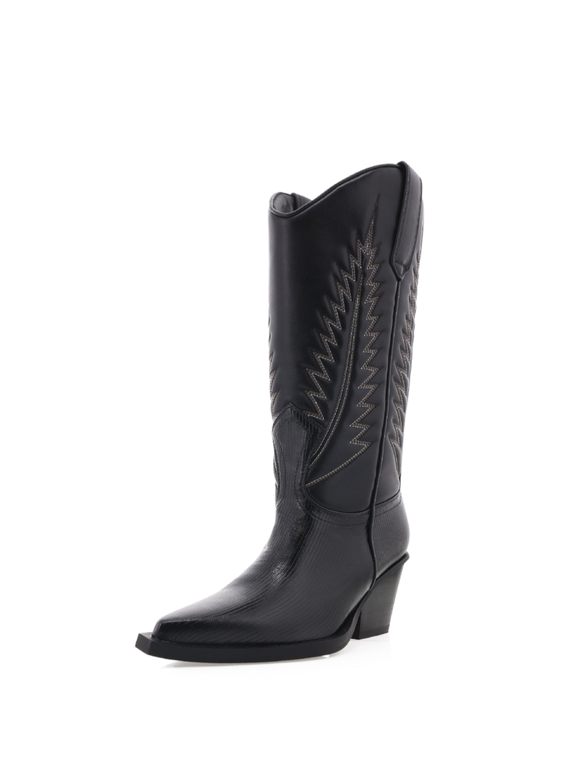 Black Pointed-Toe Embroidery Western Mid Calf Cowgirl Boots