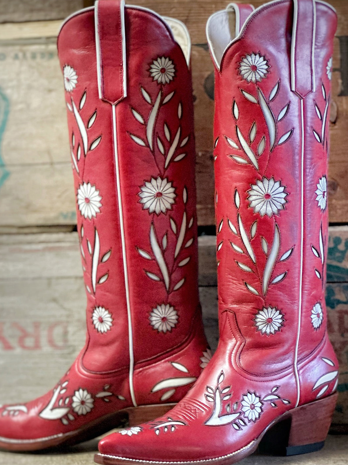 Red Pointed-Toe White Sunflower Inlay Wide Calf Knee High Cowgirl Boots