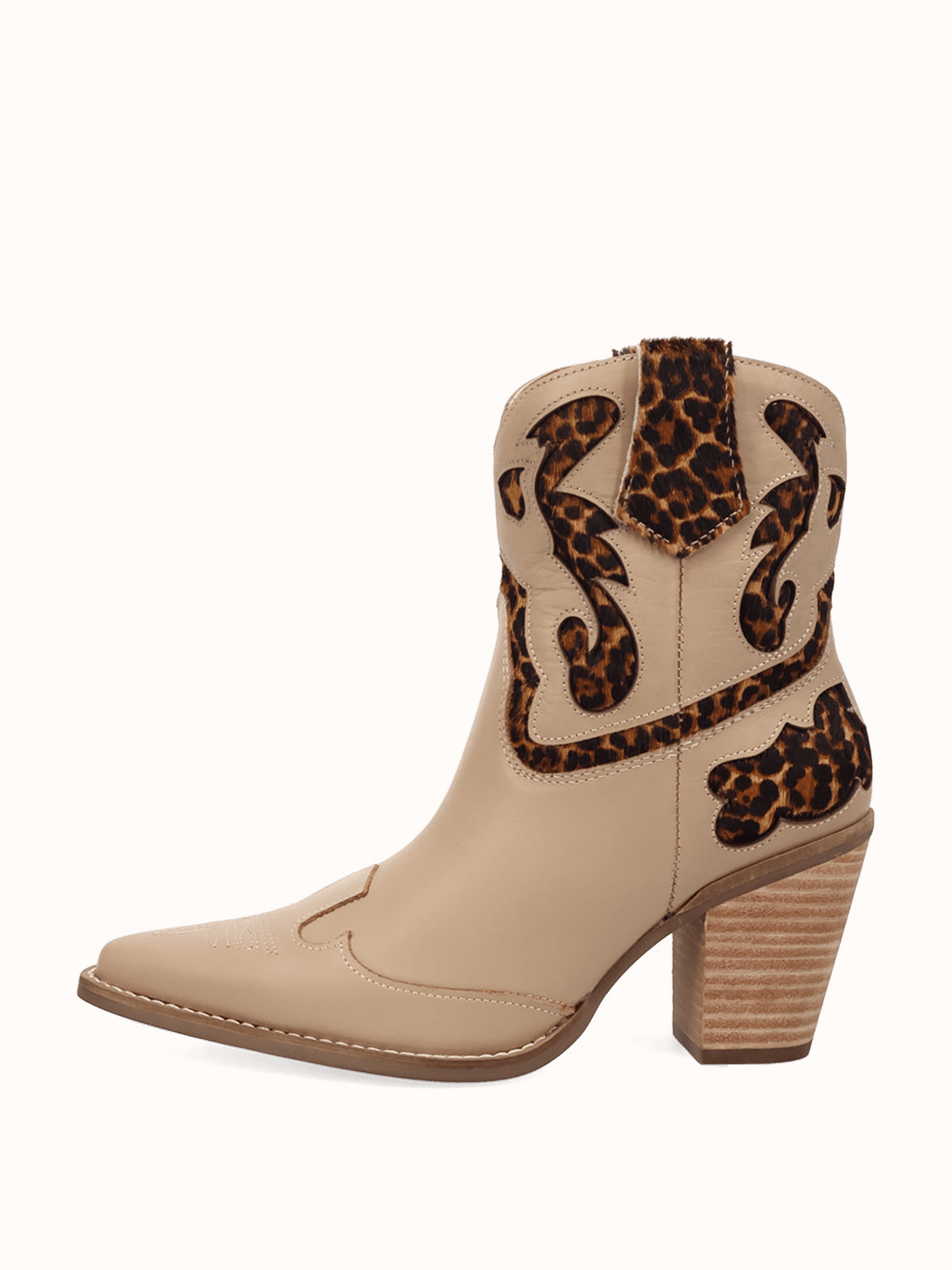Beige And Leopard Pattern Snip-Toe Sleek Ankle Cowgirl Boots