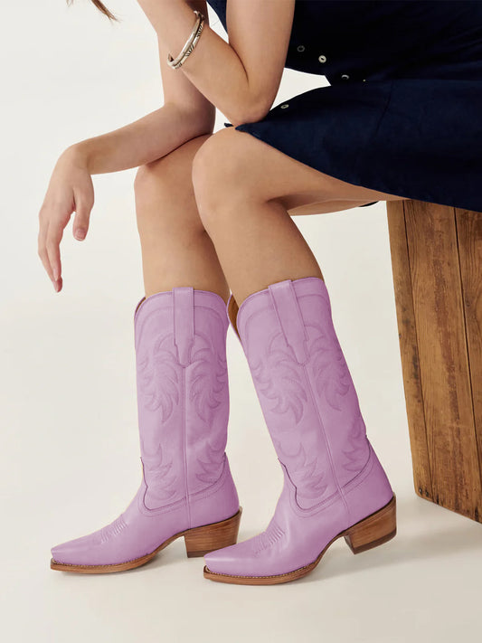 Purple Snip-Toe Embroidery Wide Calf Knee High Cowgirl Boots