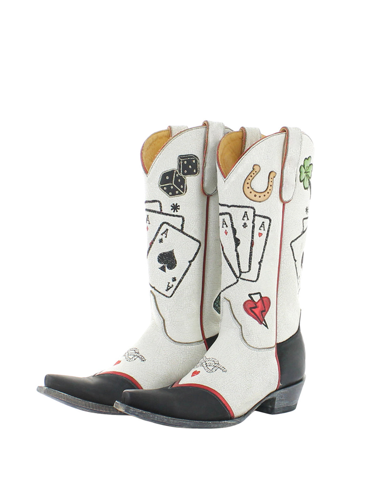 Каубойски ботуши до средата на прасеца с бродерия и апликация с бродерия в черно и бяло с изрязани пръсти