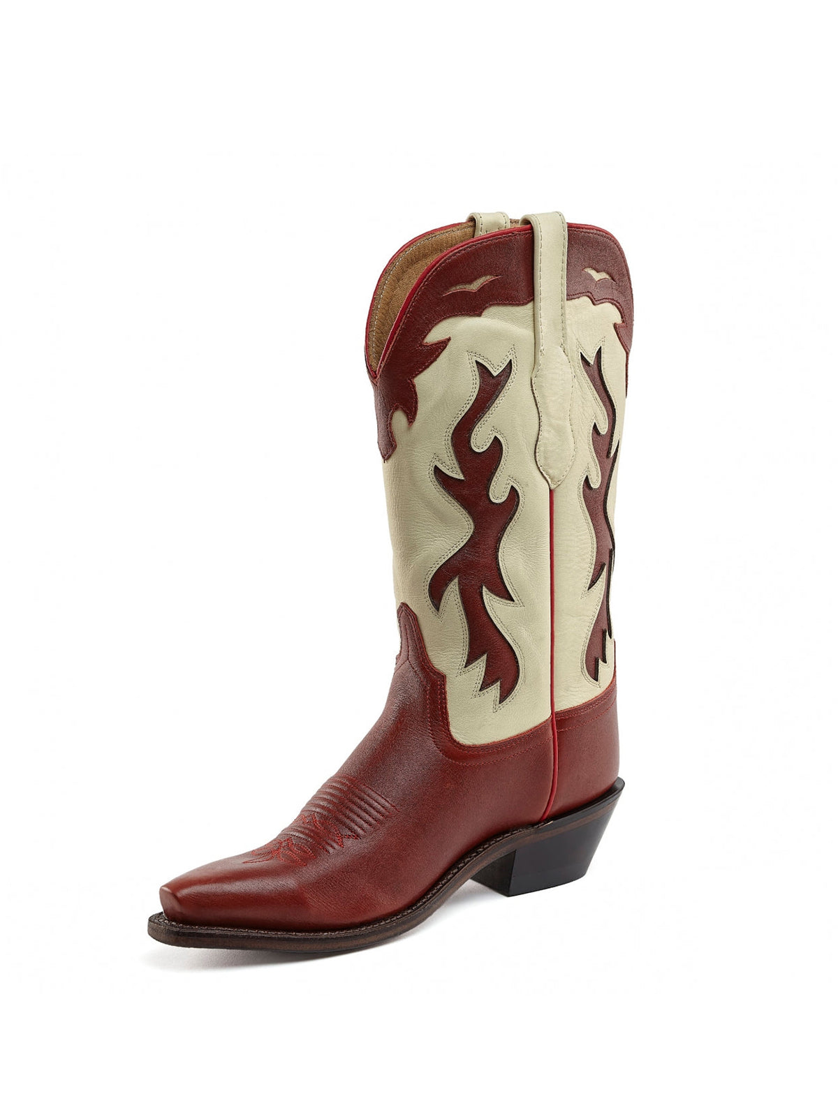Western Embroidery Snip-Toe Mid Calf Cowgirl Boots In Red And Cream