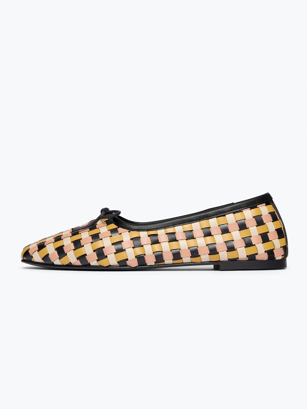 Woven Vegan Leather Square-Toe Front Bow Slip-On Ballet Flats - Plaid