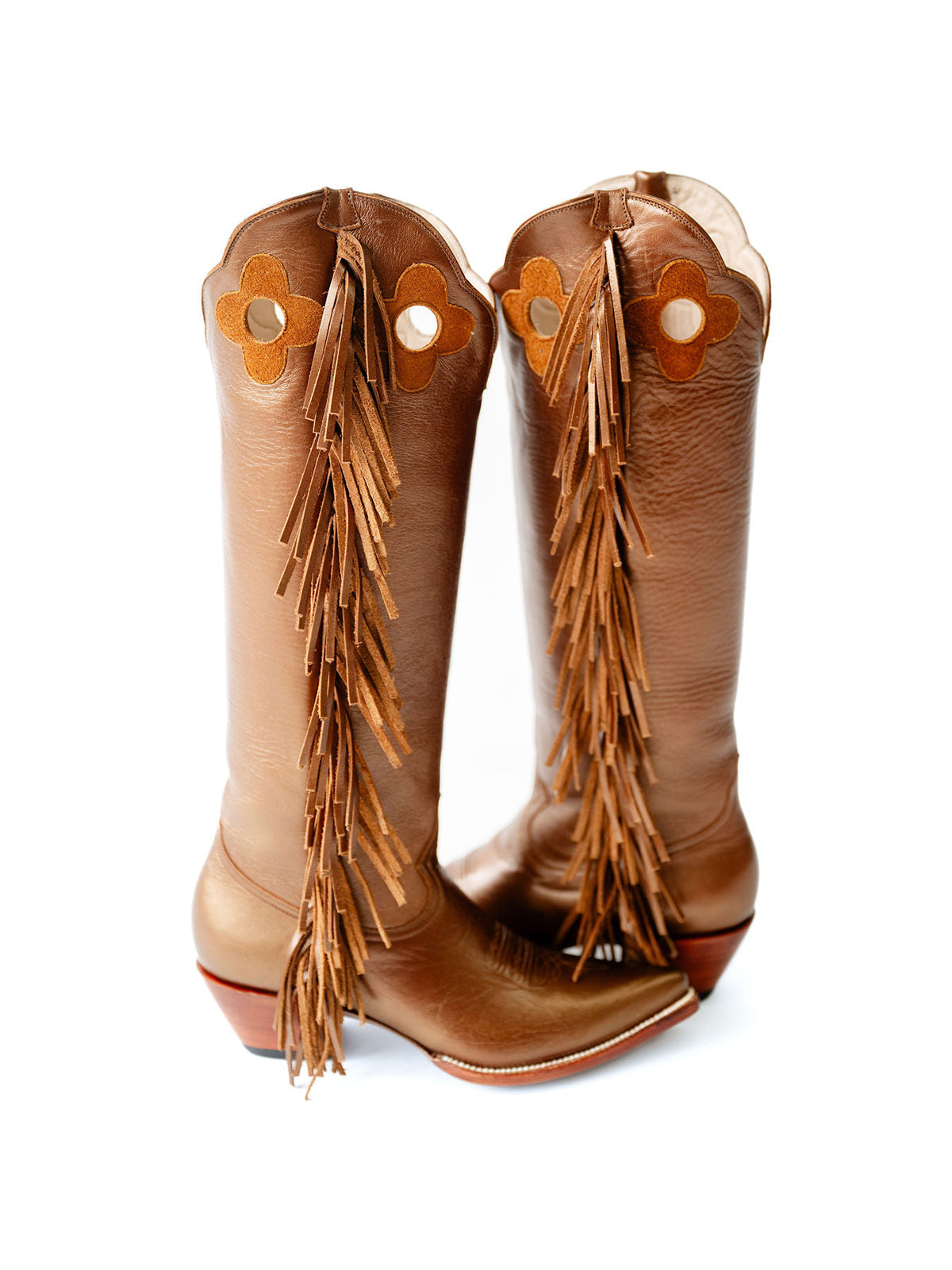 Bronze Pointed-Toe Side Fringes And Cutout Wide Calf Knee High Cowgirl Boots