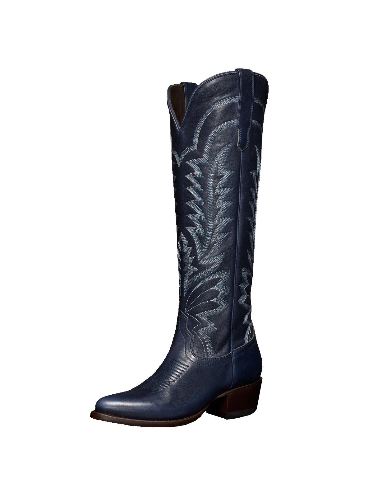 Western Embroidery Almond-Toe Tall Knee High Cowgirl Boots - Navy Blue