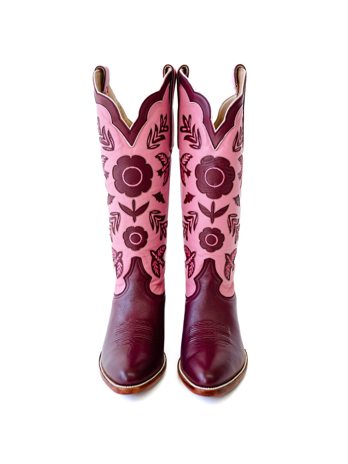 Pink And Maroon Round-Toe Birds Leaves Flowers Inlay Wide Calf Knee High Cowgirl Boots