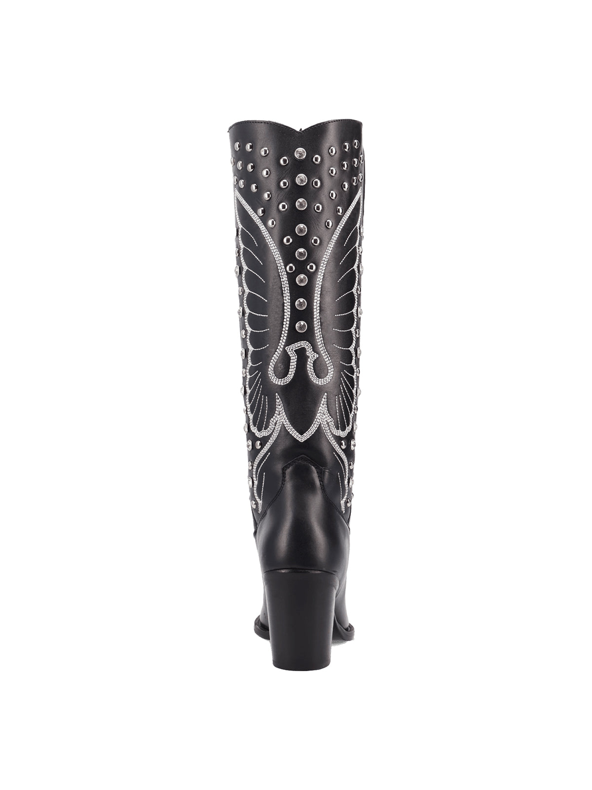 Black Snip-Toe Big Bird Embroidery And Studs Wide Calf Knee High Cowgirl Boots