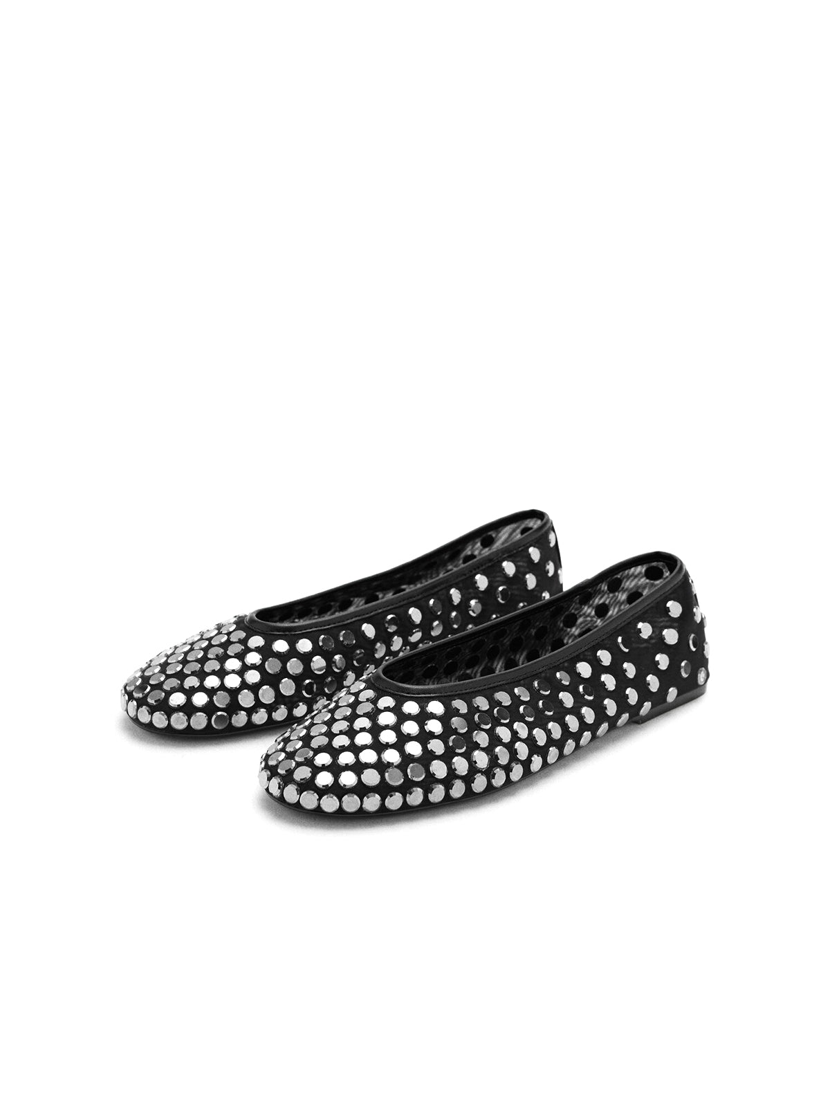 Black Mesh Round-Toe Studded Slip-On Classic Ballet Flats
