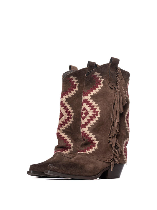 Side Fringe Snip-Toe Embroidery Fold-Over Mid Calf Cowgirl Boots - Coffee Faux Suede