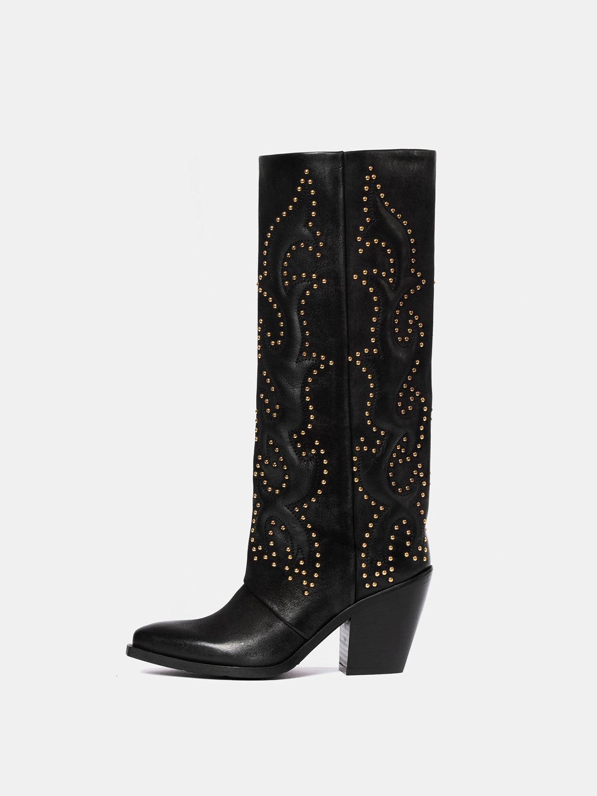 Black Snip-Toe Embroidery Gold Studs Wide Calf Knee High Cowgirl Boots