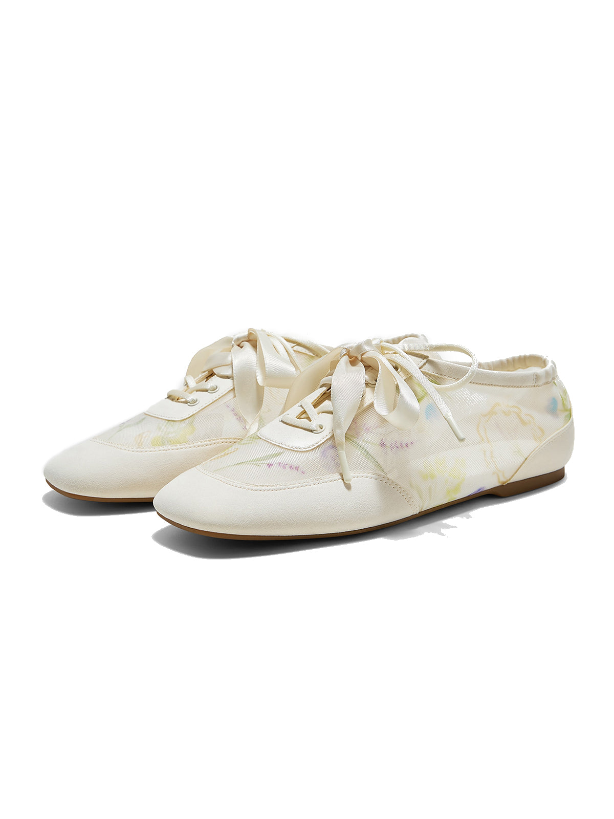 Cream Mesh And Faux Suede Square-Toe Floral Embroidery Lace-Up Flats