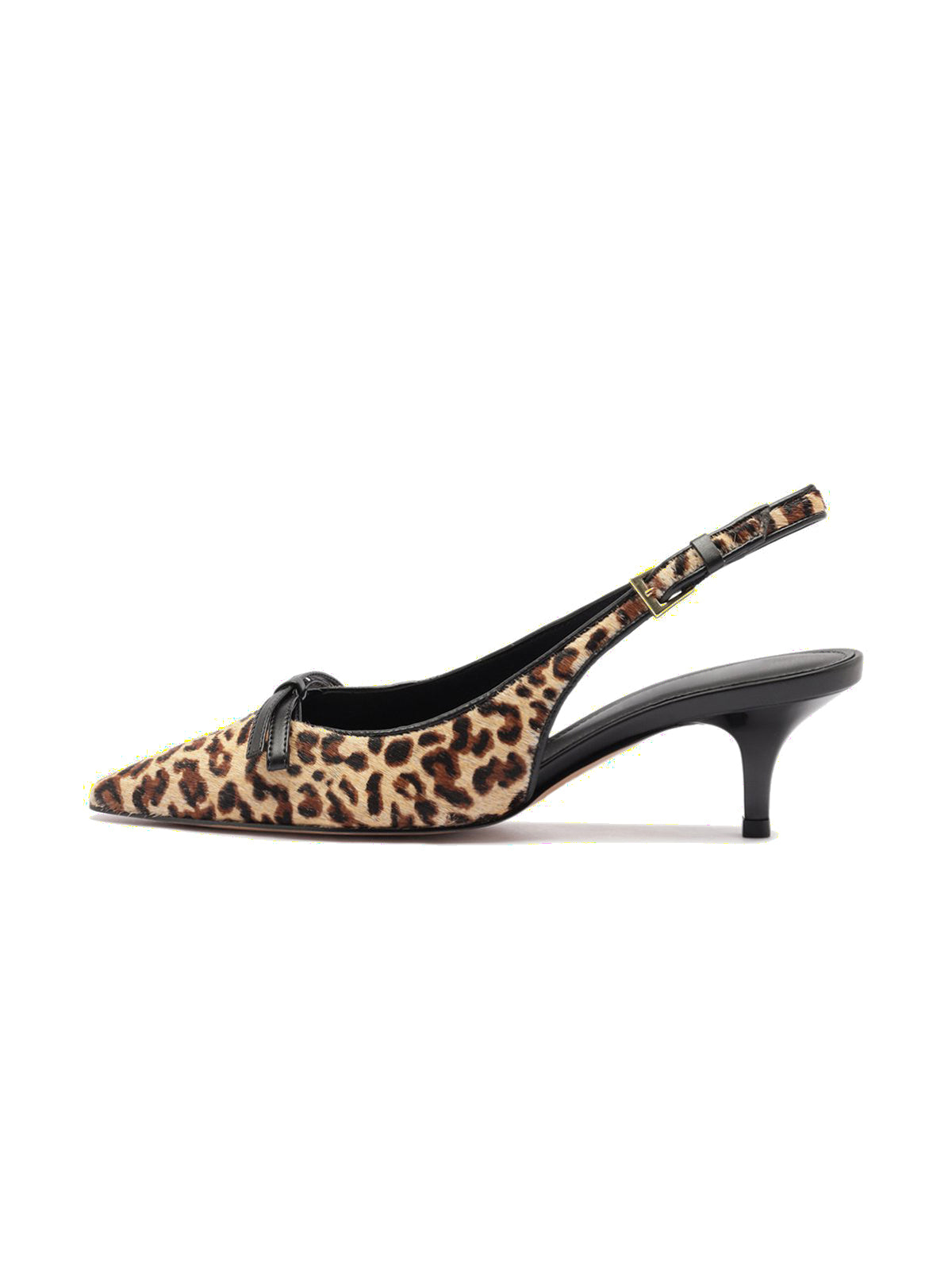 Leopard Print Pony Hair Vegan Leather Pointed-Toe Front Knot Buckle Slingback Kitten Heels