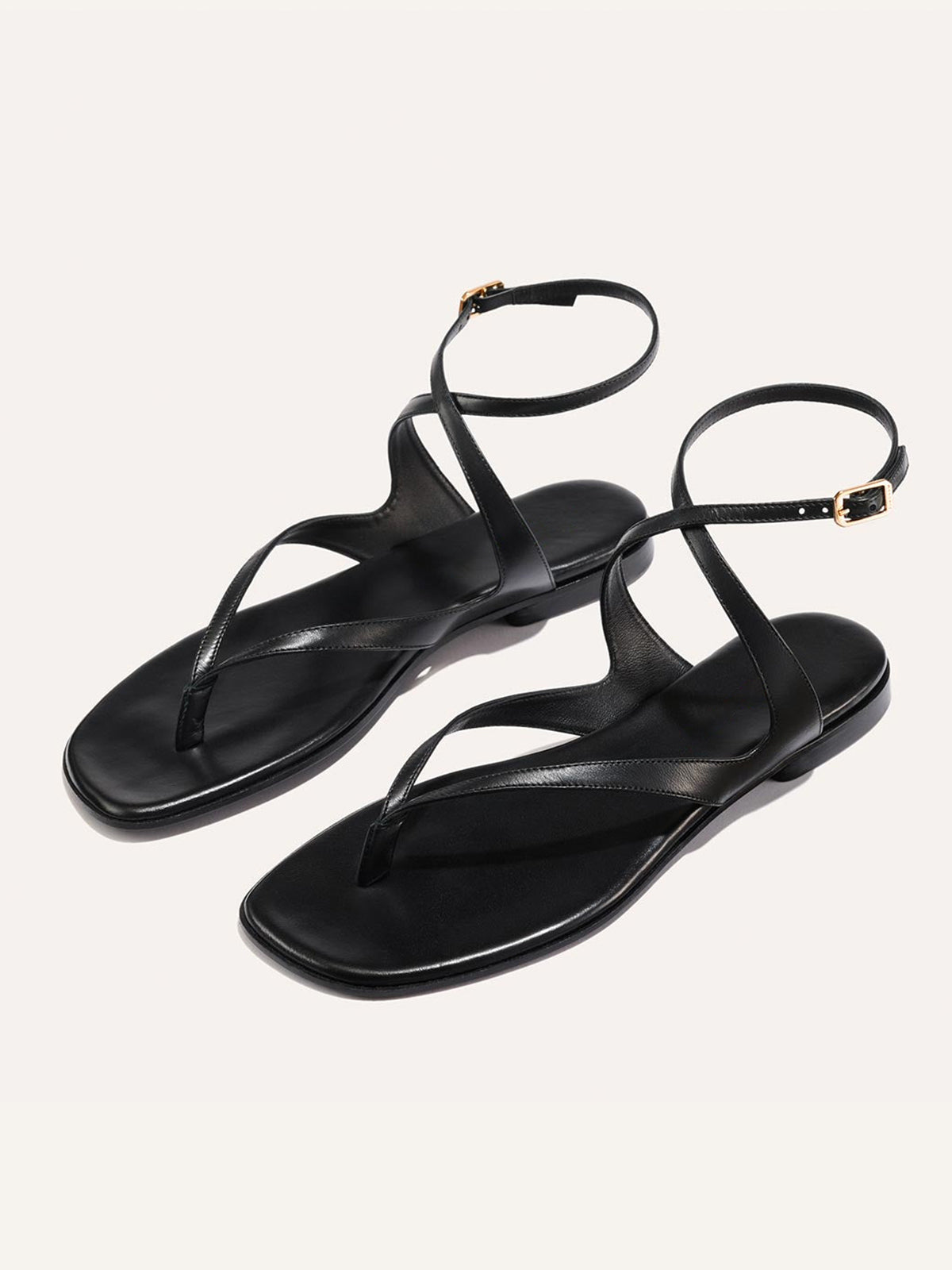 Black Square-Toe Strappy And Ankle Strap Chic Sandals Flats