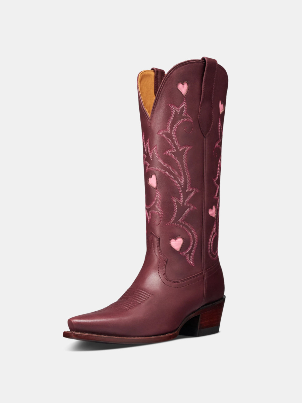 Wine Red Snip-Toe Embroidery White Heart Inlay Mid Calf Cowgirl Boots