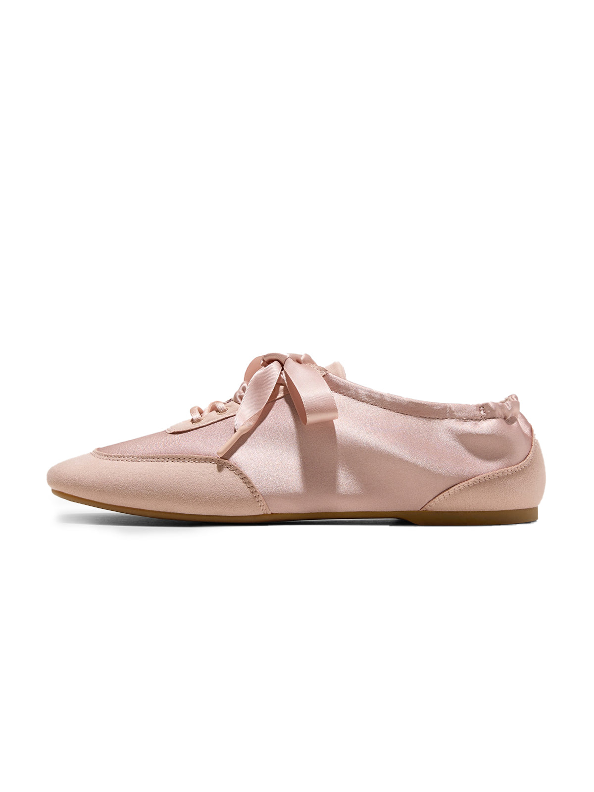 Peach Satin And Faux Suede Square-Toe Floral Embroidery Lace-Up Flats