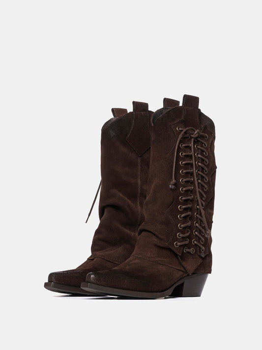 Brown Faux Suede Snip-Toe Side Lace-Up Mid Calf Cowgirl Boots