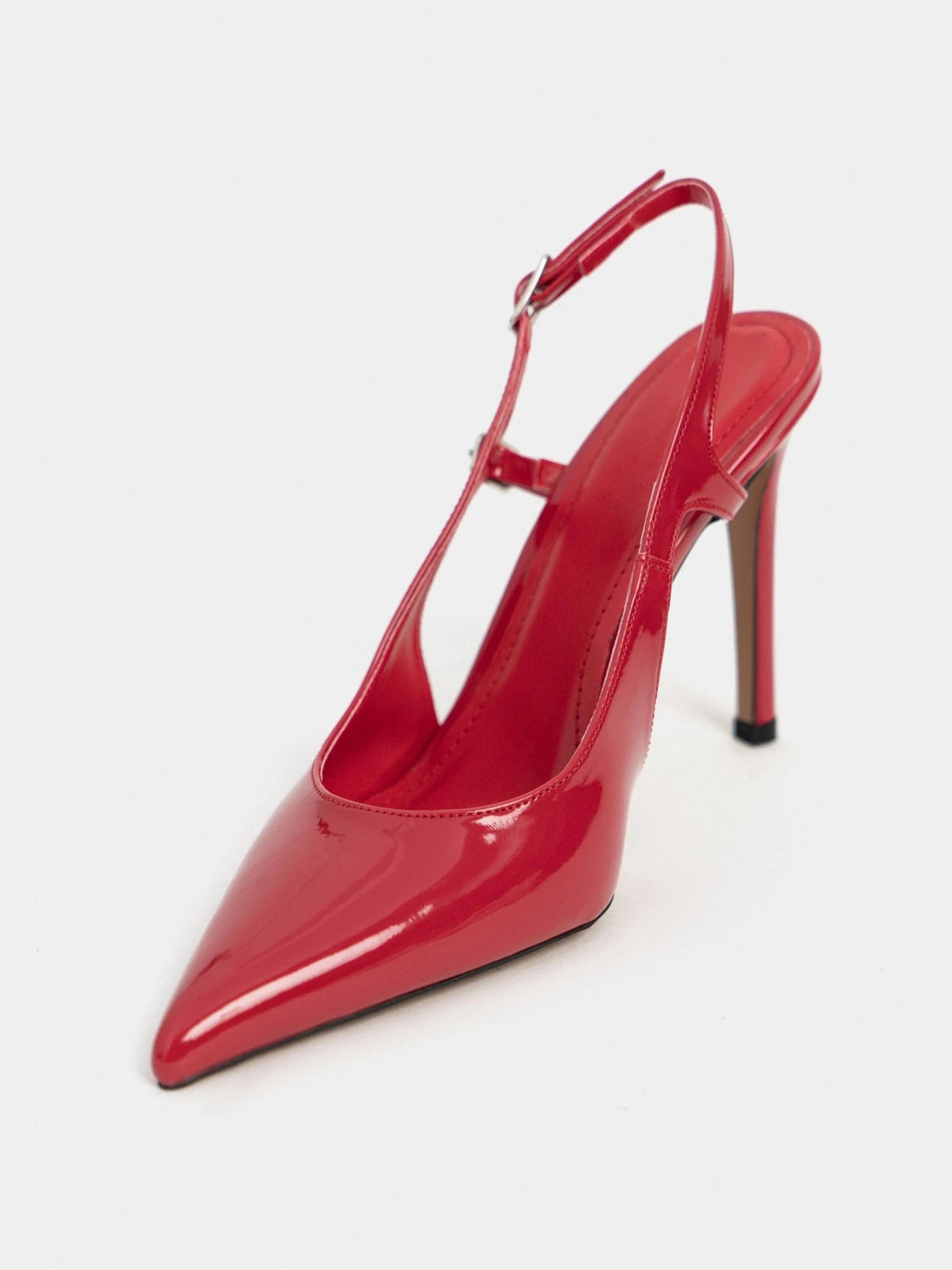 Patent Leather Pointed-Toe Buckle Back Strap Chic High Heels - Red