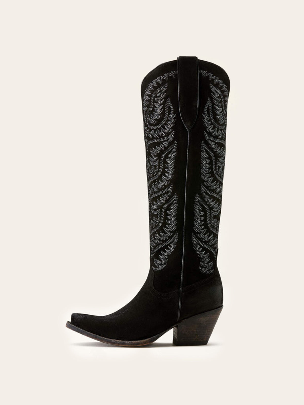 Embroidery Half-Zip Tall Knee High Faux Suede Snip-Toe Cowgirl Boots - Black