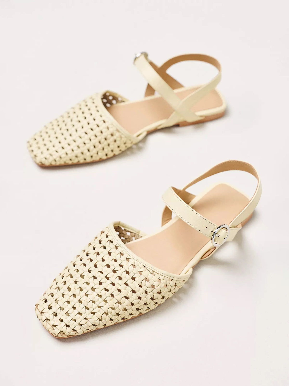 Light Yellow Vegan Leather Woven Square-Toe Ankle Strap Flats