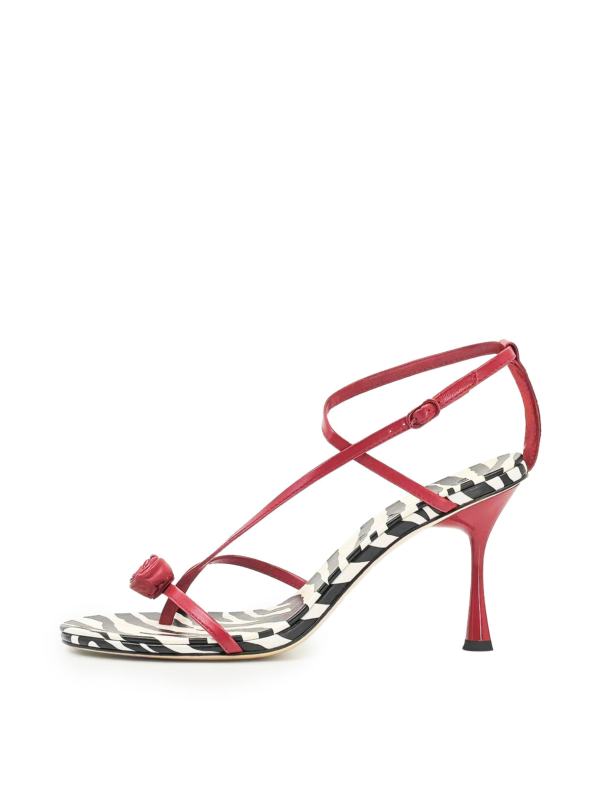 Red Round-Toe Front Rose Strappy High Heels