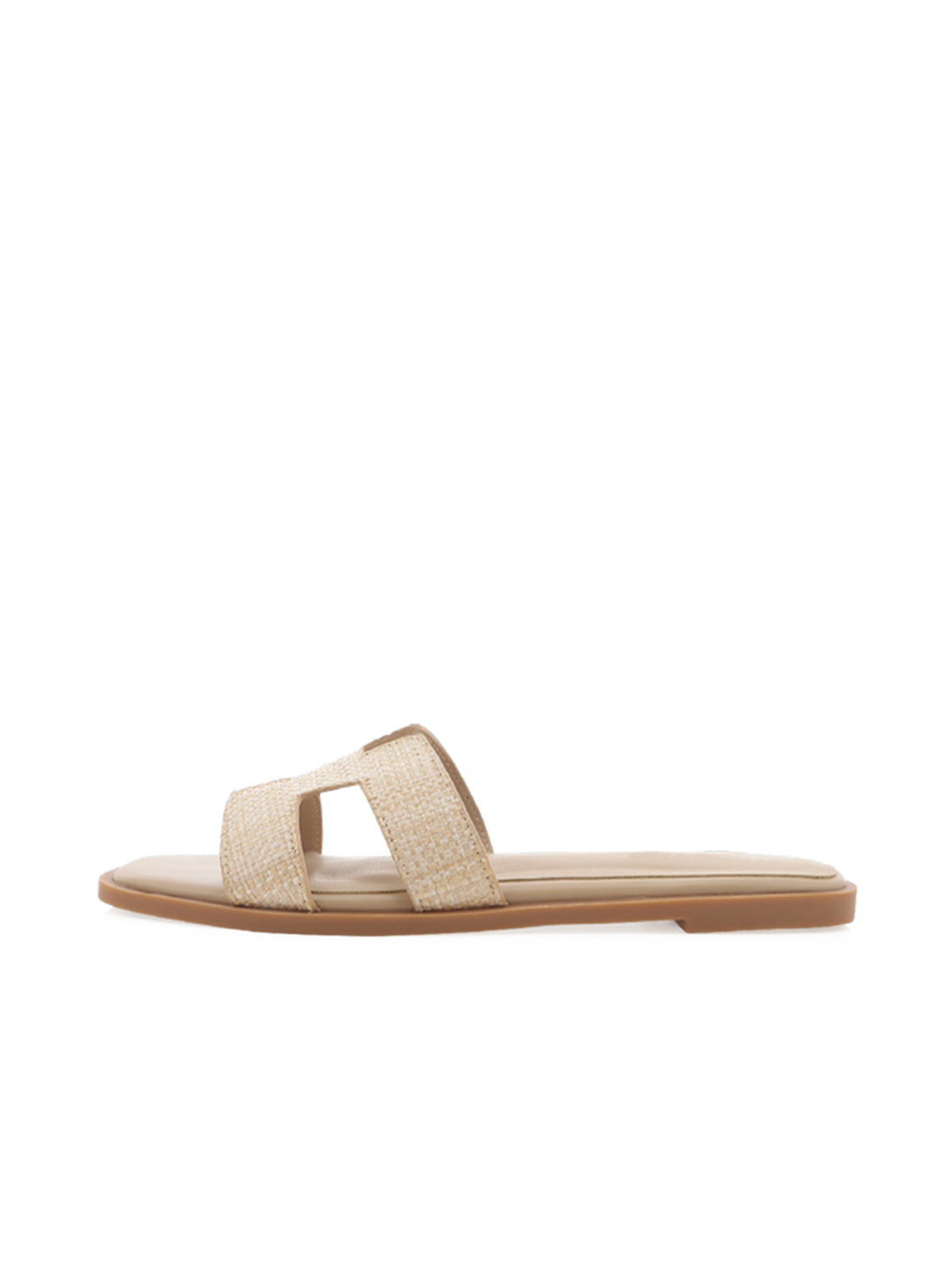 Nude Straw Plaited Open Square-Toe Slip-On Simple Sandals Flats