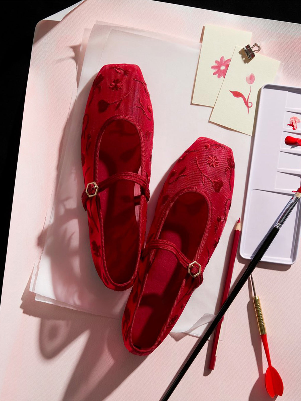 Mesh And Satin Square-Toe Floral Embroidery Mary Jane Flats - Red