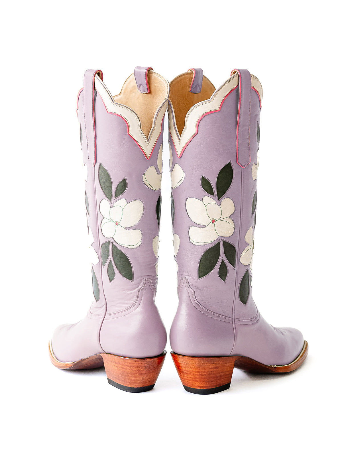 Purple Almond-Toe White Flower Inlay Wide Calf Knee High Cowgirl Boots