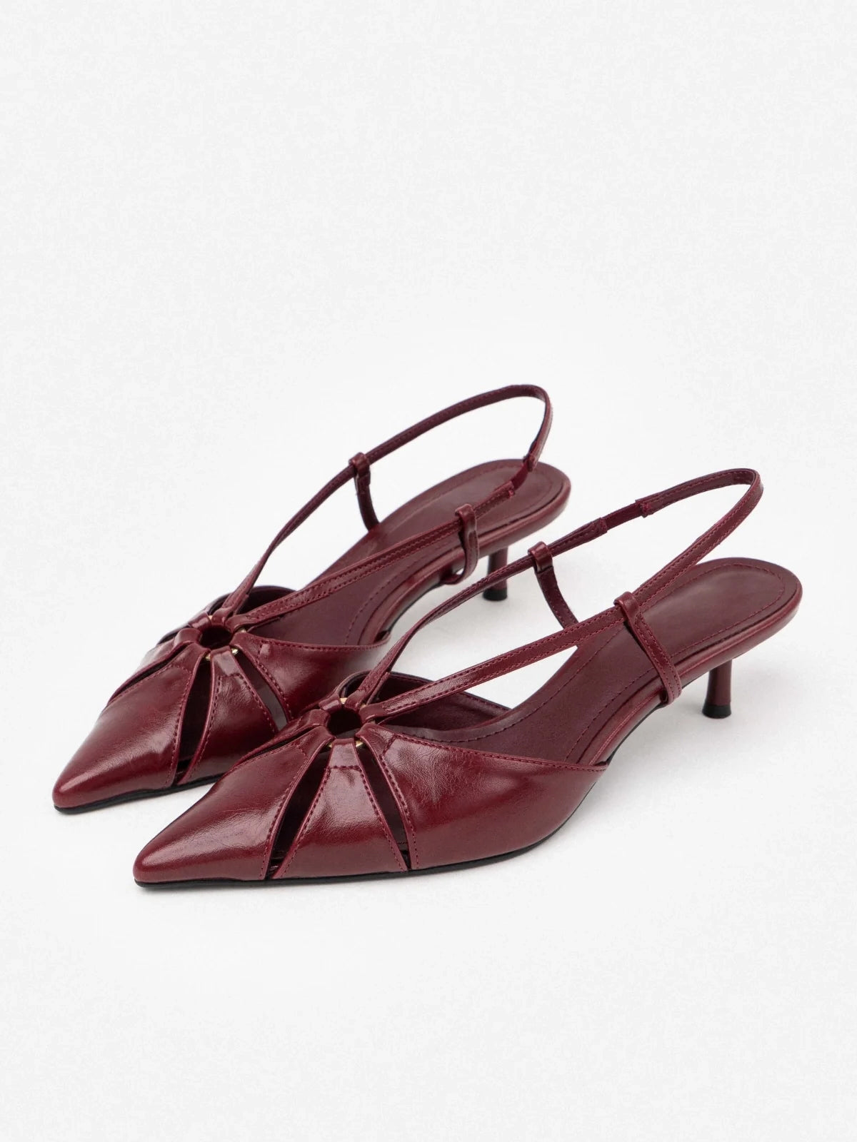 Burgundy Pointed-Toe Elastic Strap Slingback Kitten Heels