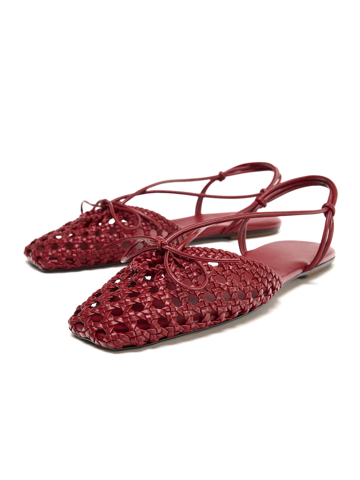 Red Woven Vegan Leather Square-Toe Front Bow Ankle Strap Flats