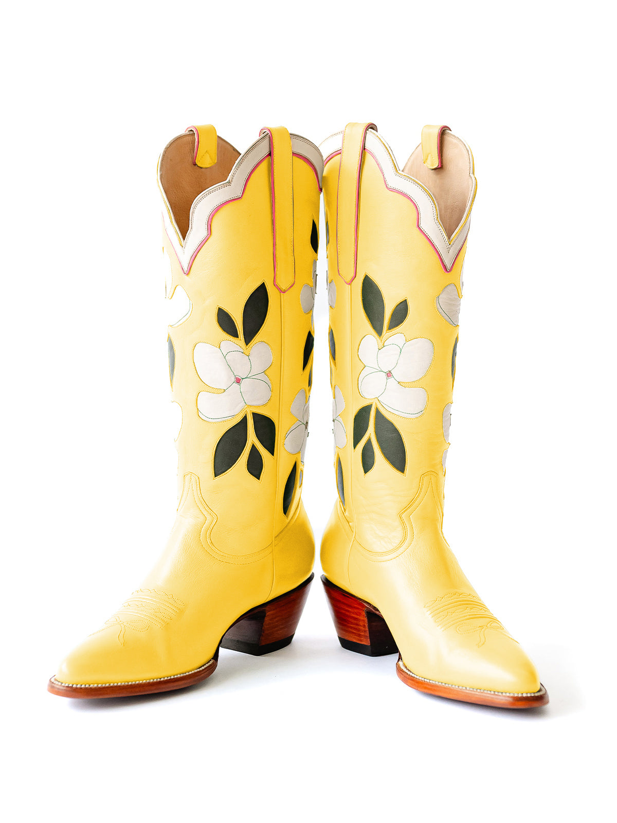 Yellow Almond-Toe White Flower Inlay Wide Calf Knee High Cowgirl Boots